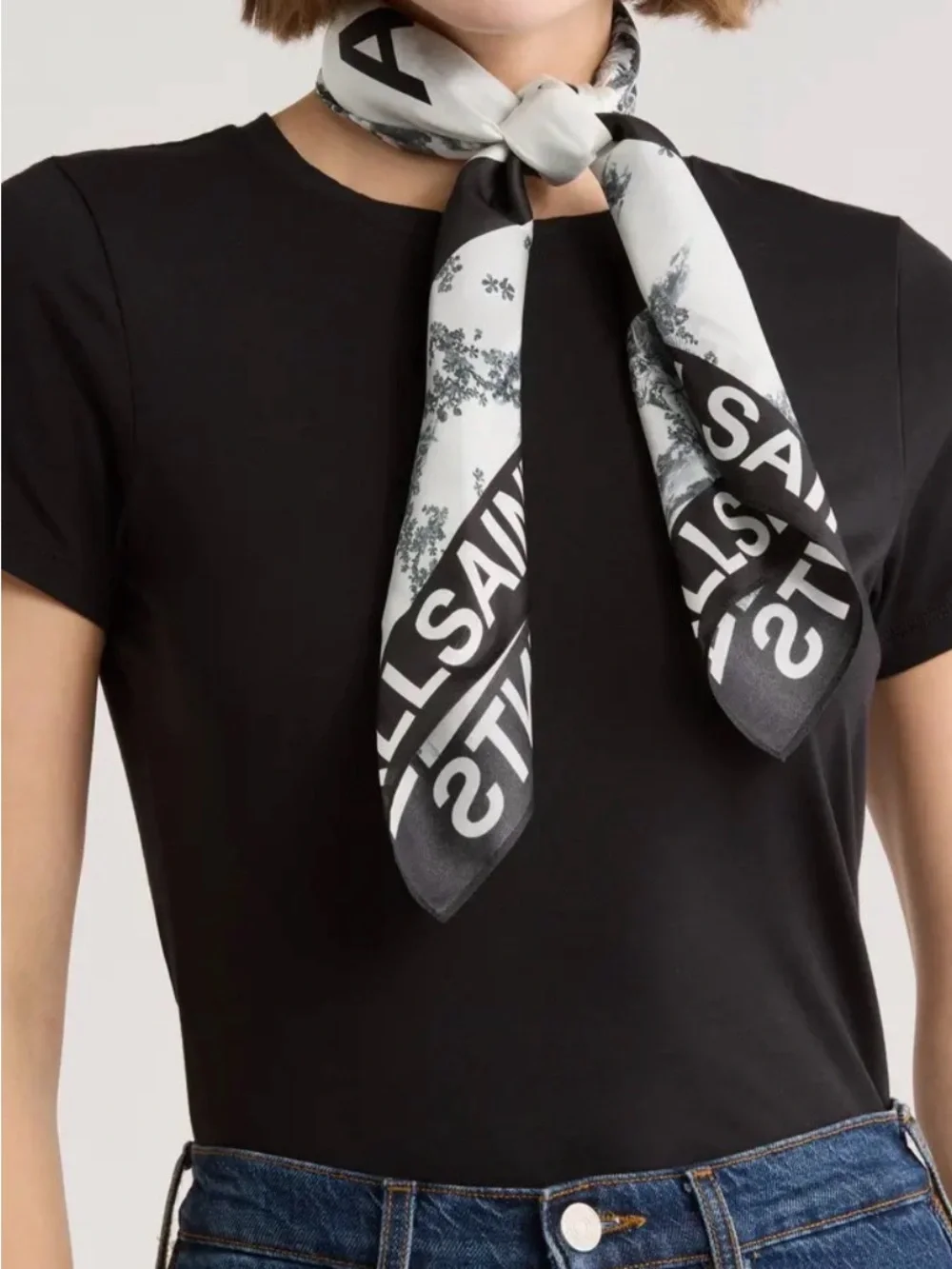 NWT AllSaints Black and White Logo Square Silk Scarf